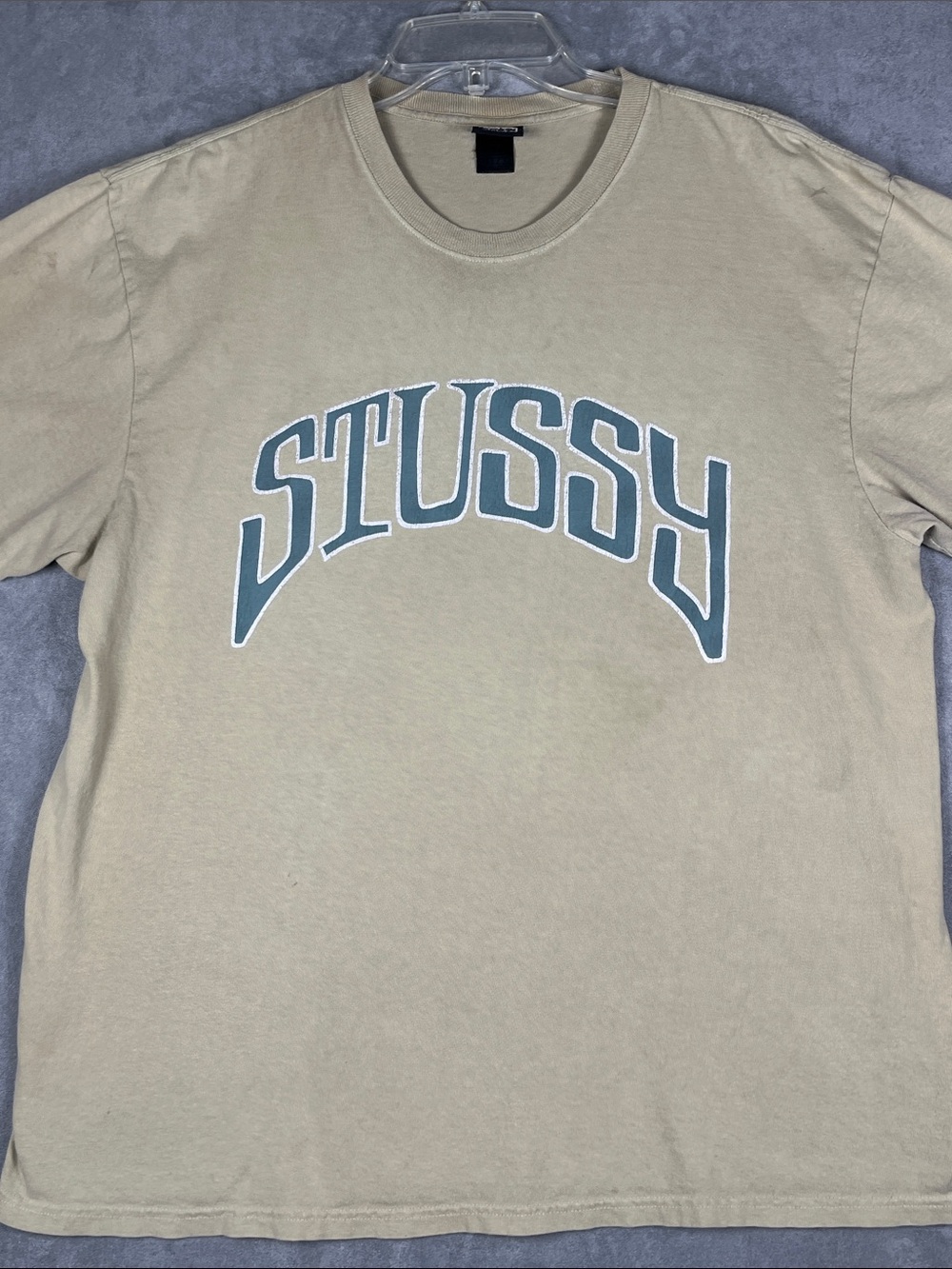 Stussy Men’s Large Arch Logo Graphic T Shirt Tan Beige Streetwear